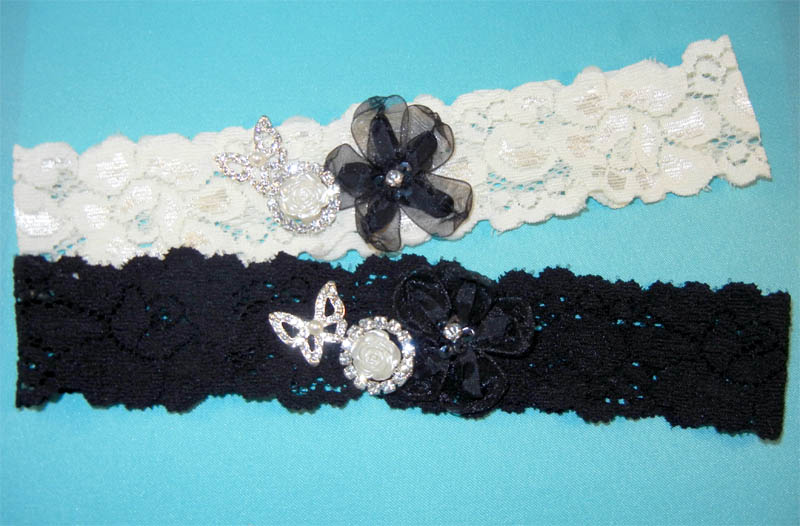 Lace Garter with Black Flower, Crystal Butterfly, & Flower